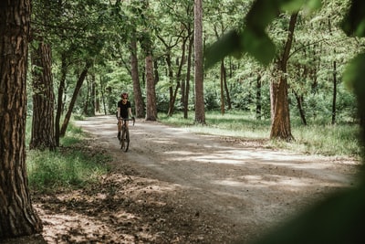 穿黑夹克的人白天在绿树之间的土路上骑自行车